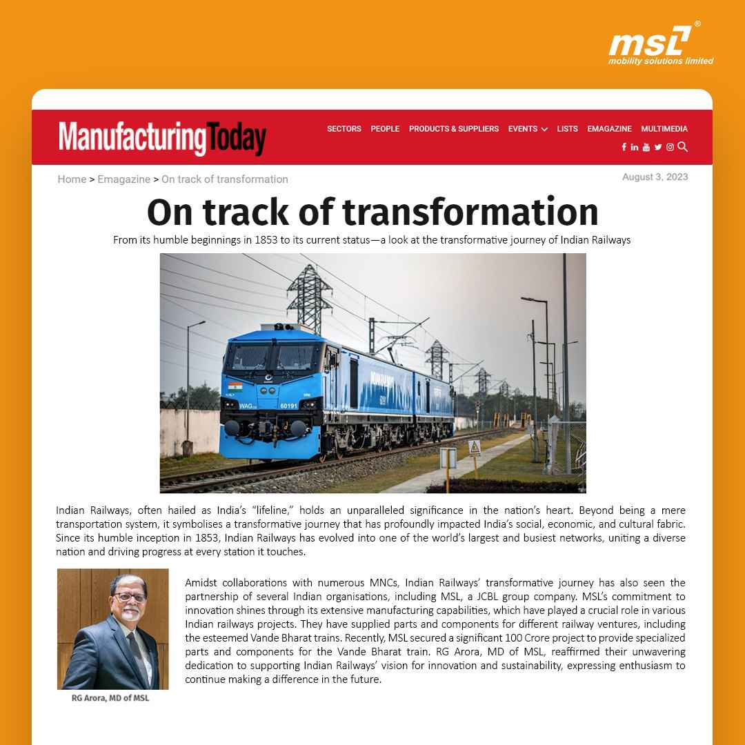 On track of transformation, Manufacturing Today India, August 2023