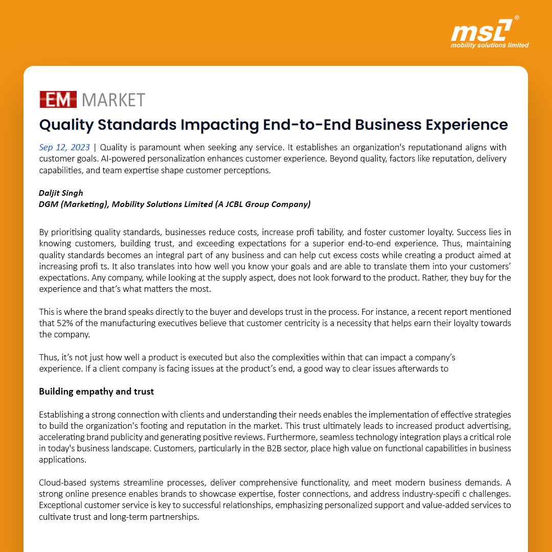 Quality standards impacting business experience, EM Market, September 2023